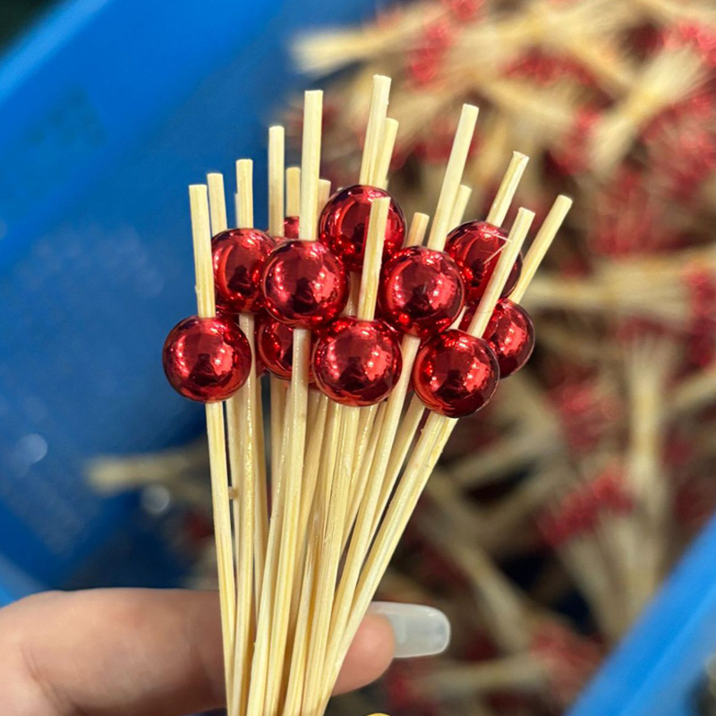 BambooMake.cn, 100 pieces/pack, electroplated wine-red beads, disposable fruit and cocktail sticks, 