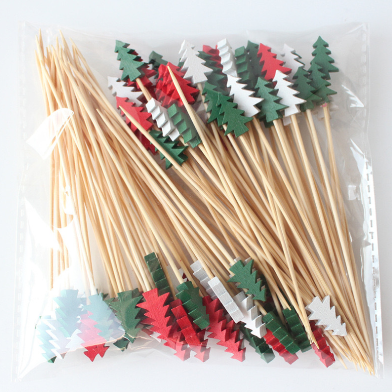 BambooMake.cn, 100 pieces/pack, three-color Christmas tree disposable fruit sticks, cocktail sticks,