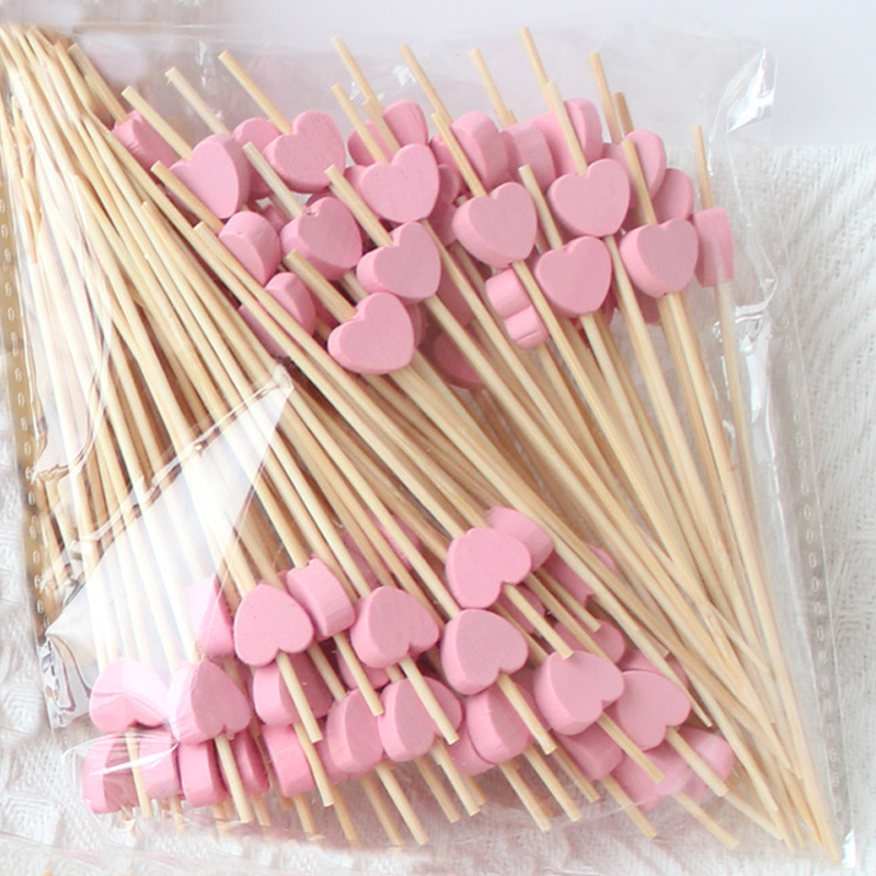 BambooMake.cn, 100 pieces/pack, Pink Heart Disposable Fruit Sticks, Cocktail Sticks, Food Sticks, Ma