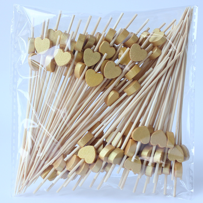 bamboomake.cn 100 pieces/pack disposable fruit fork golden love peach heart fruit stick art bamboo s