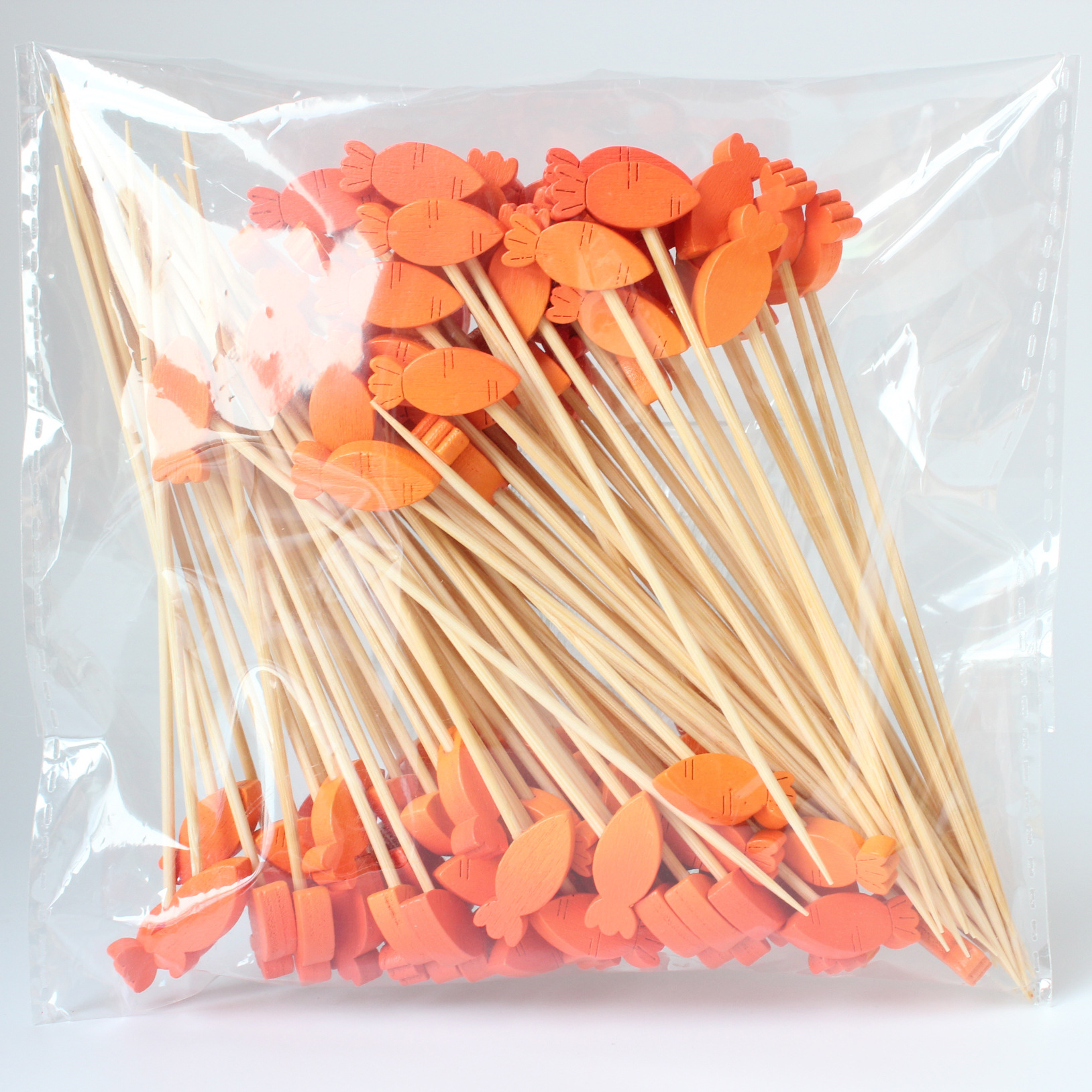 BambooMake.cn, 100 pieces/pack, Orange Carrot Disposable Fruit Sticks, Cocktail Sticks, Food Sticks,