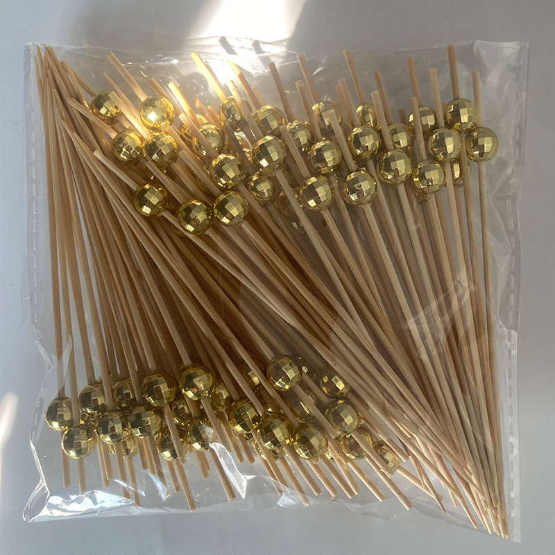 BambooMake.cn, 100 pieces/pack, Disco Ball Picks - Gold, Disposable Fruit Picks, Decorative Picks, C