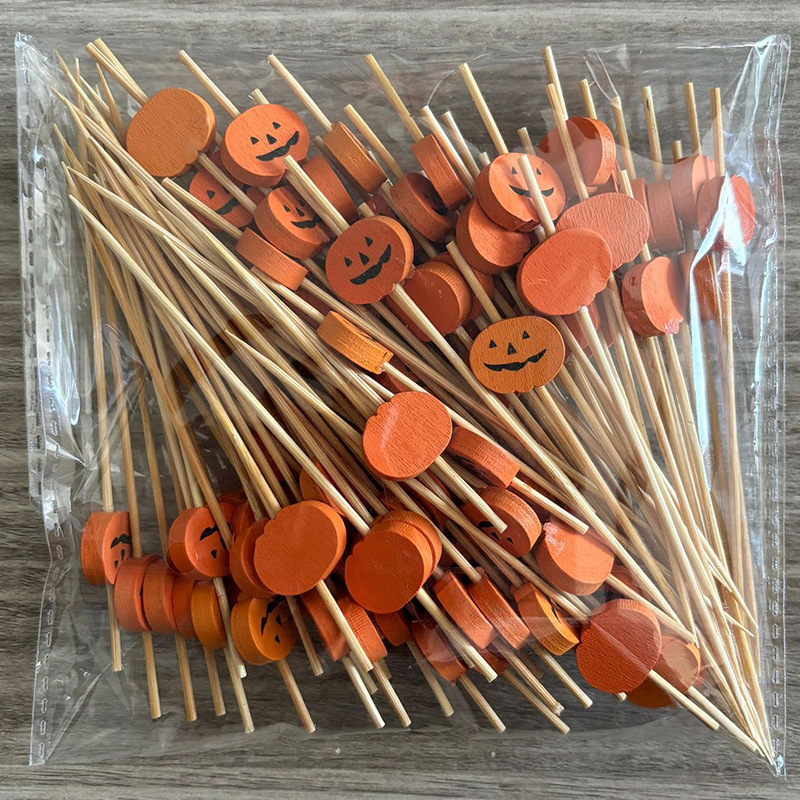 BambooMake.cn, 100 pieces/pack, Halloween Smiley Pumpkin Disposable Fruit Sticks, Cocktail Sticks, F