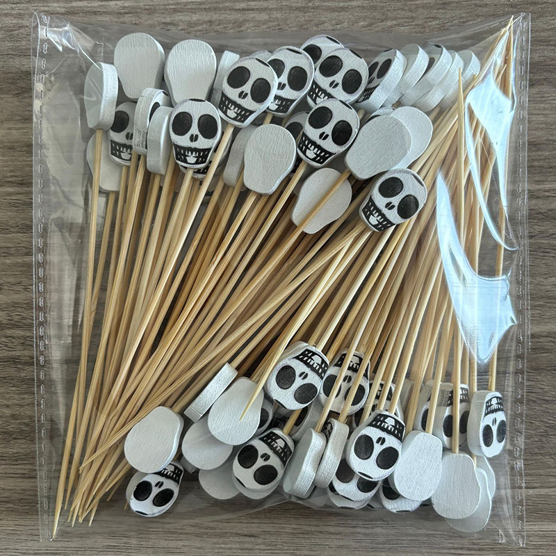 BambooMake.cn, 100 pieces/pack, Halloween flat skull disposable fruit sticks, cocktail sticks, food 