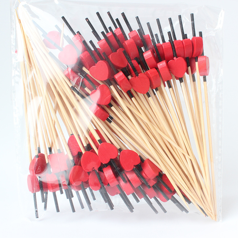 BambooMake.cn, 100 pieces/pack, black stem with red heart, disposable fruit and cocktail sticks, foo