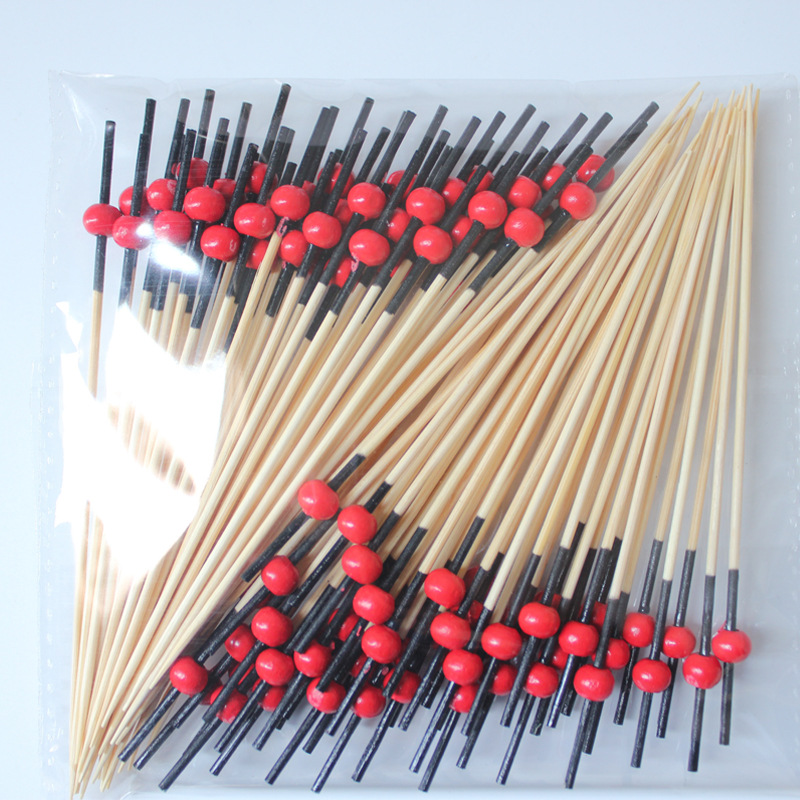BambooMake.cn, 100 pieces/pack, black stem with red balls. Disposable fruit and cocktail sticks, foo