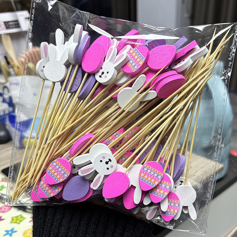 BambooMake.cn, 100 pieces/pack, Easter egg bunnies, disposable fruit sticks, decorative sticks, cock