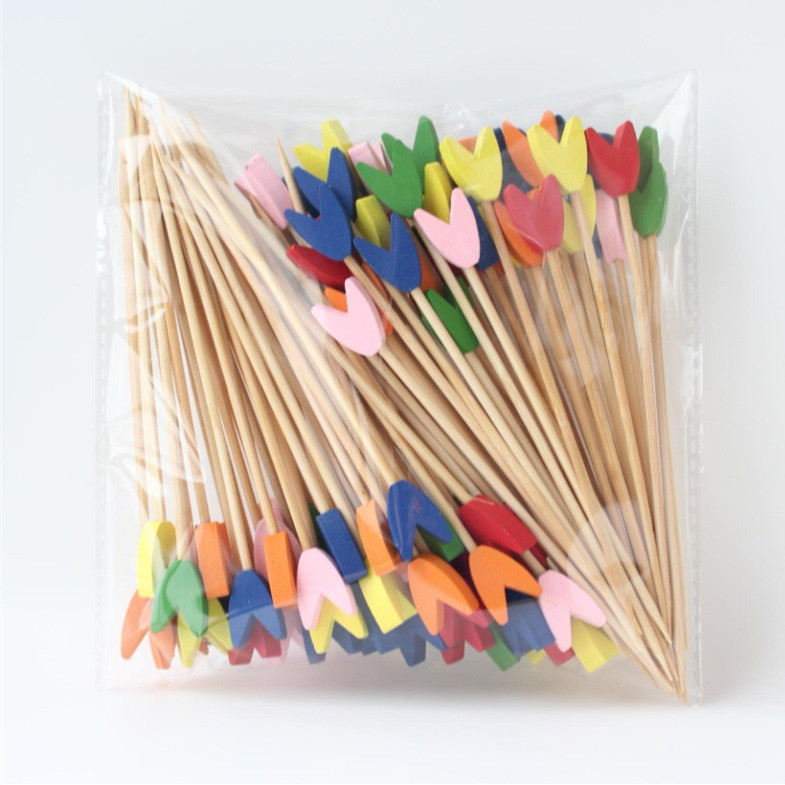 BambooMake.cn, 100 pieces/pack, Colorful Tulip Disposable Fruit Sticks, Cocktail Sticks, Food Sticks