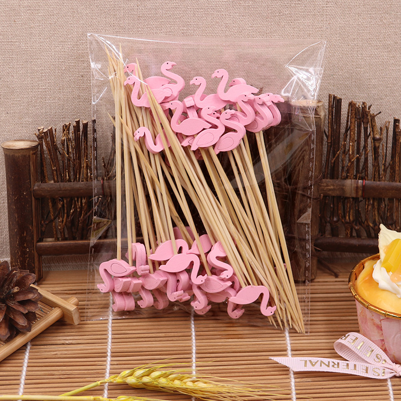 BambooMake.cn, 100 pieces/pack, Light Pink Flamingo Disposable Fruit Sticks, Cocktail Sticks, Food S
