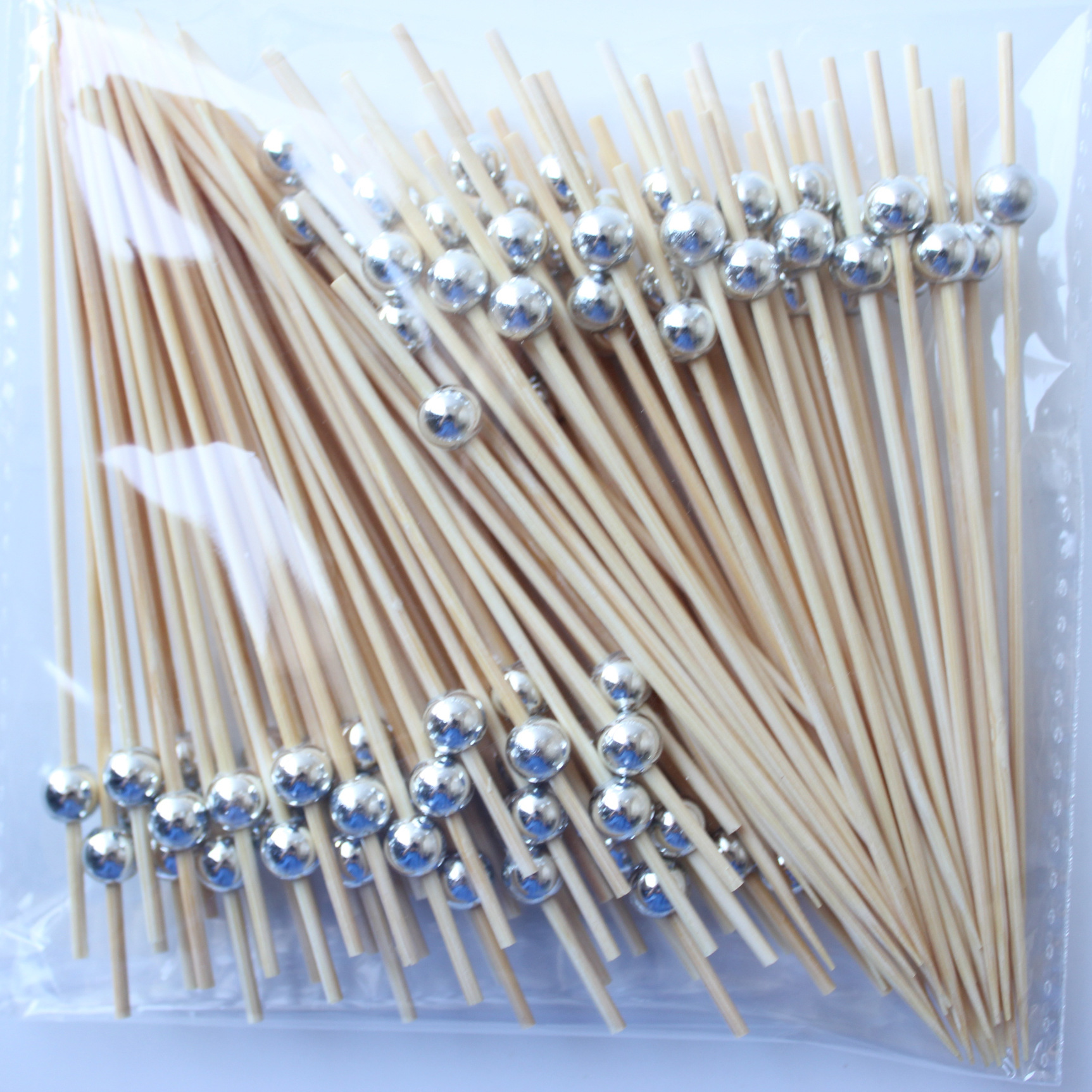 BambooMake.cn, 100 pieces/pack, electroplated silver beads, disposable fruit and cocktail sticks, fo