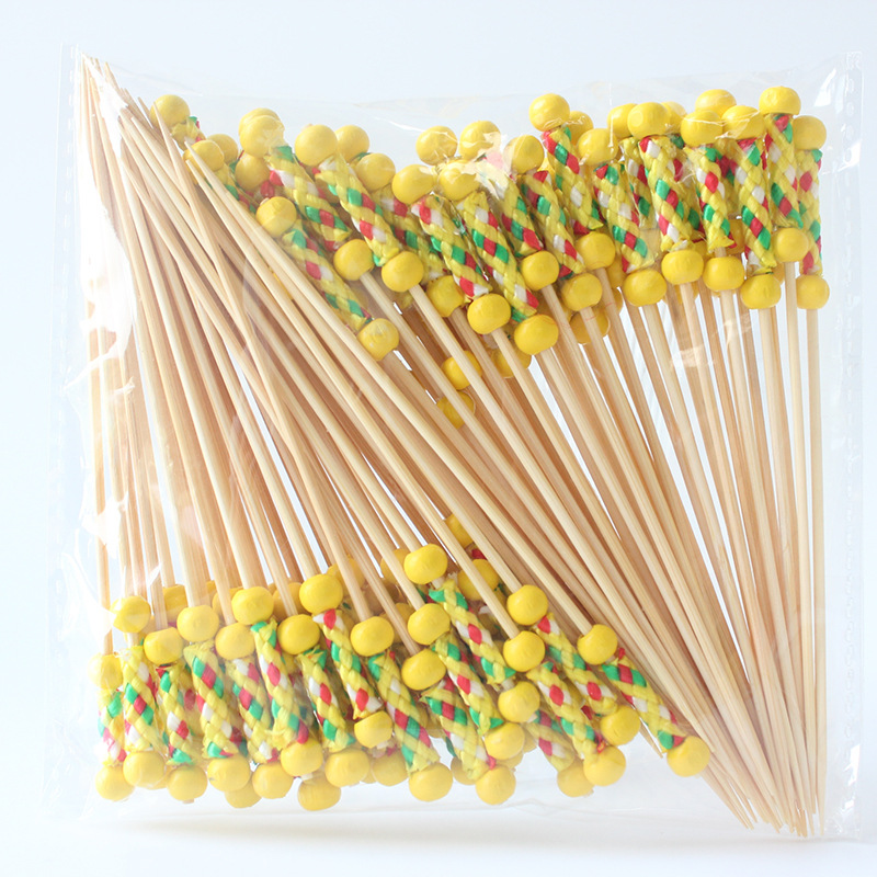 BambooMake.cn, 100 pieces/pack, yellow double-beaded thread sleeve, disposable fruit and cocktail st