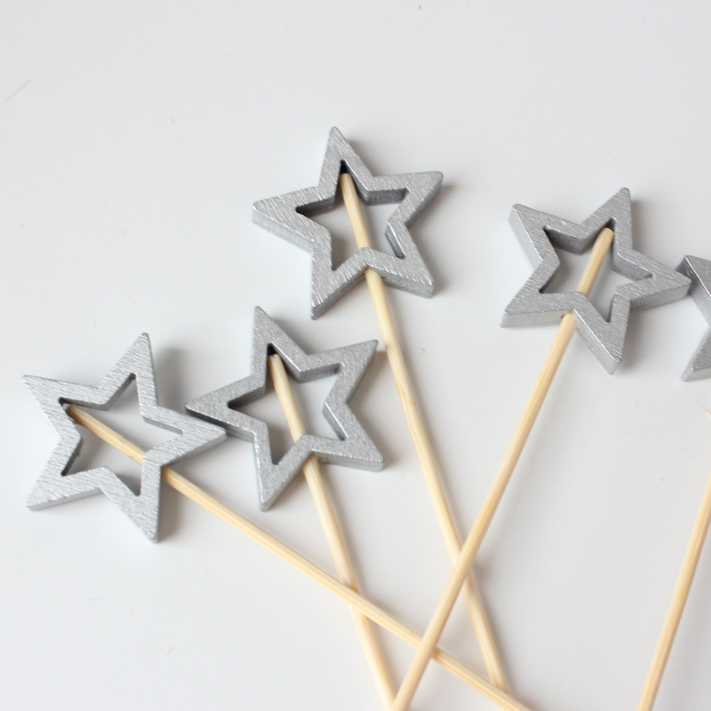 BambooMake.cn, 100 pieces/pack, hollow silver five-pointed star, disposable fruit and cocktail stick