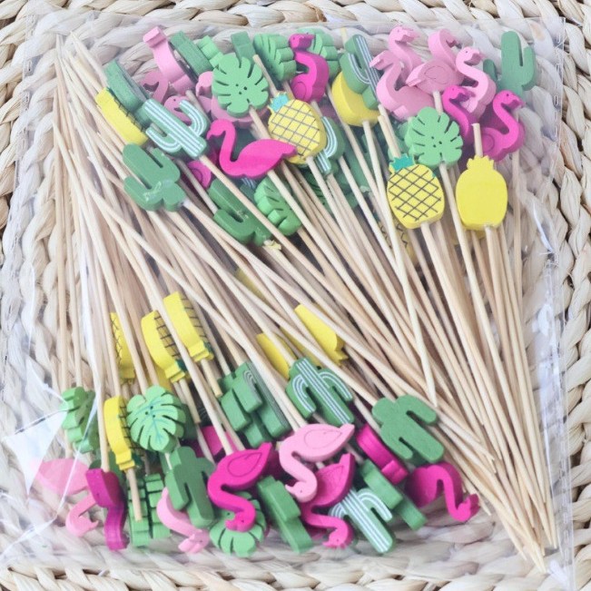 BambooMake.cn, 100 pieces/pack, Summer Hawaiian Mix and Match Disposable Fruit Sticks, Cocktail Stic