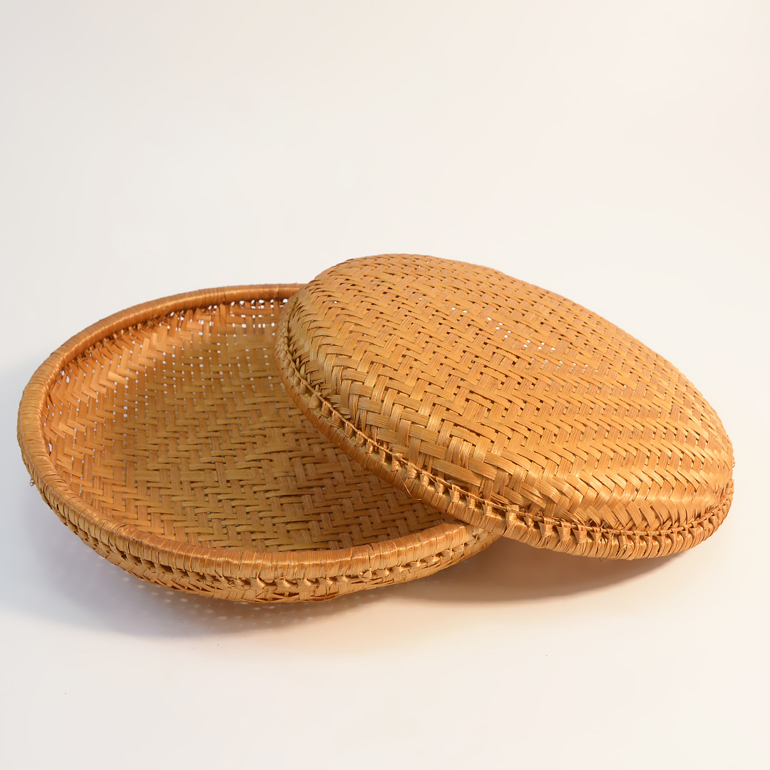 Round Smoked Bamboo Woven Tray & Bas